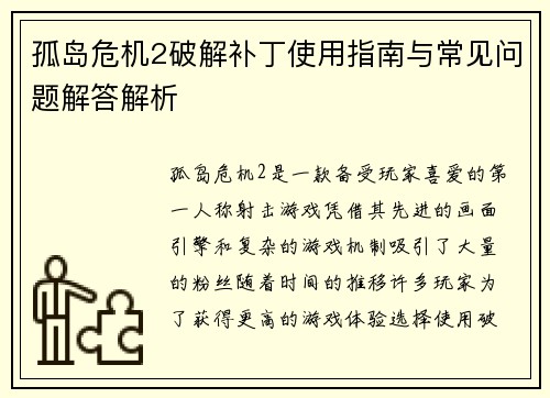 孤岛危机2破解补丁使用指南与常见问题解答解析
