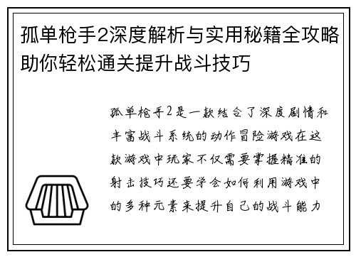 孤单枪手2深度解析与实用秘籍全攻略助你轻松通关提升战斗技巧
