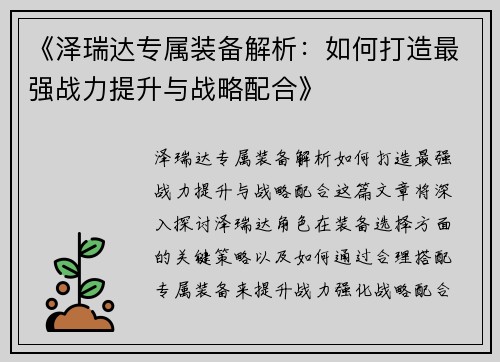 《泽瑞达专属装备解析：如何打造最强战力提升与战略配合》