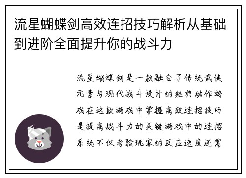 流星蝴蝶剑高效连招技巧解析从基础到进阶全面提升你的战斗力